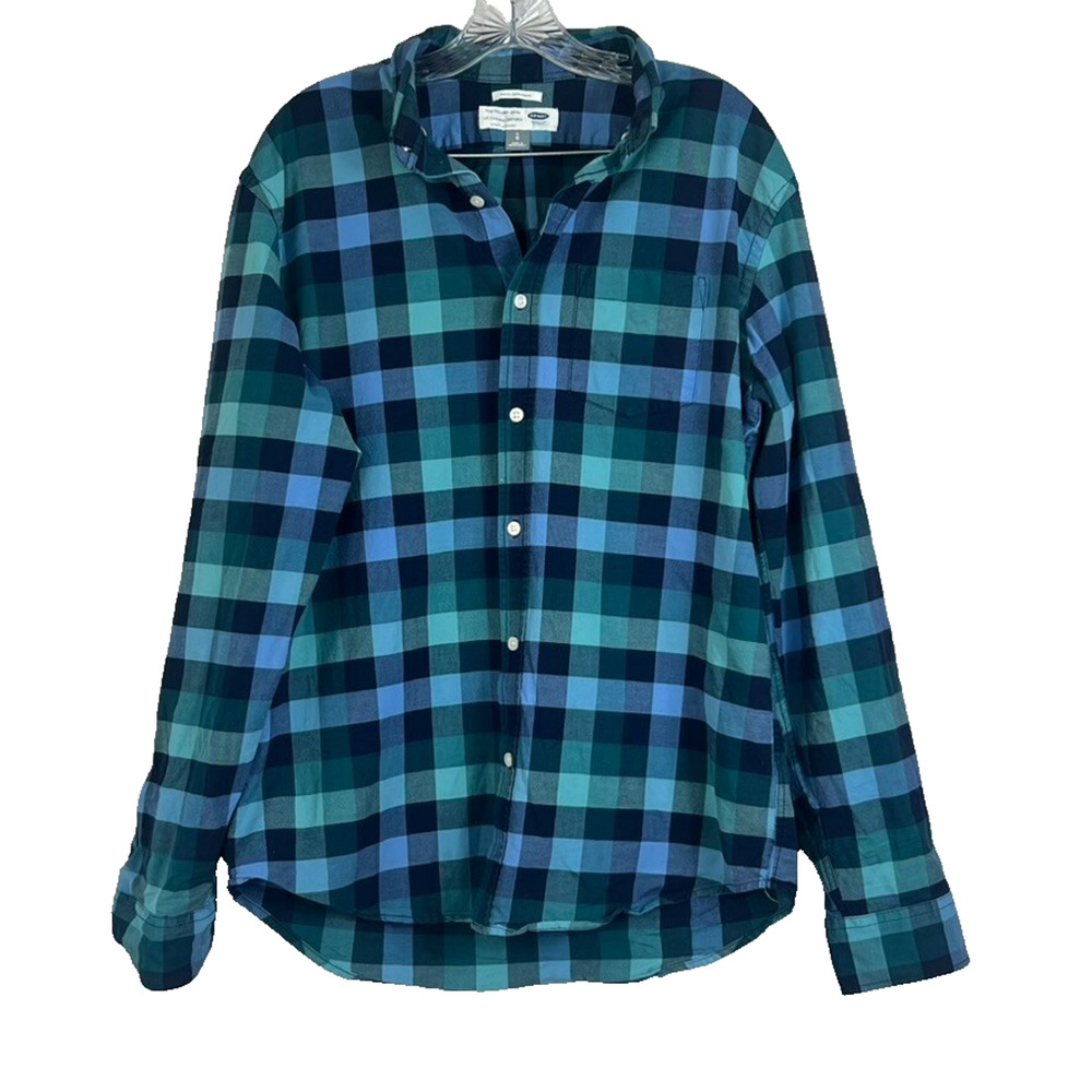 Old Navy Shirt Men's Large Oxford Slim Fit Blue Buffalo Plaid Button Up